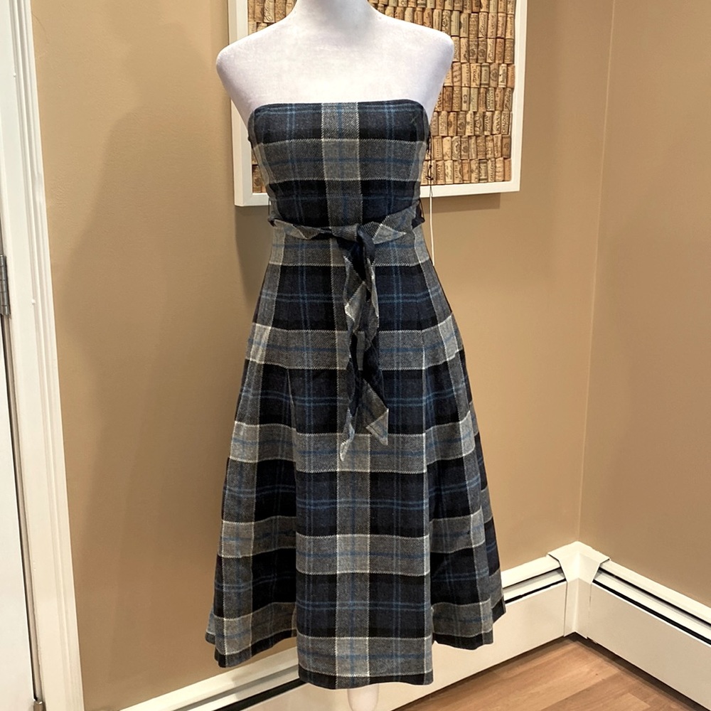 NWT.  Susana Monaco 100% Lambswool Strapless Blue & Gray Plaid Dress